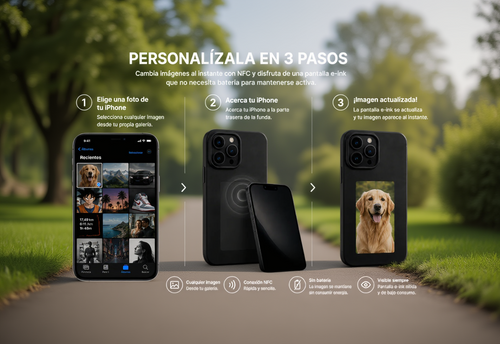 The MoodCase – Funda con Pantalla E-Ink para iPhone 13, 14, 15 y 16 (hasta Pro Max) | Cambia de imagen con NFC